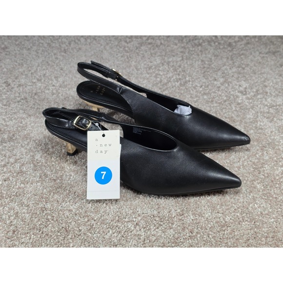 a new day Shoes - A New Day Samantha Black Slingback Pointed Toe Kitten Heels Gold Detail Womens 7